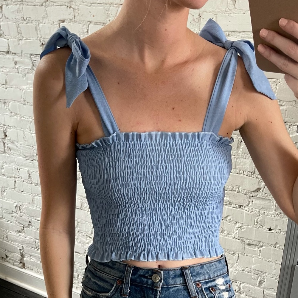 Blue Bow Tie Shoulder Smocked Crop Tank Top